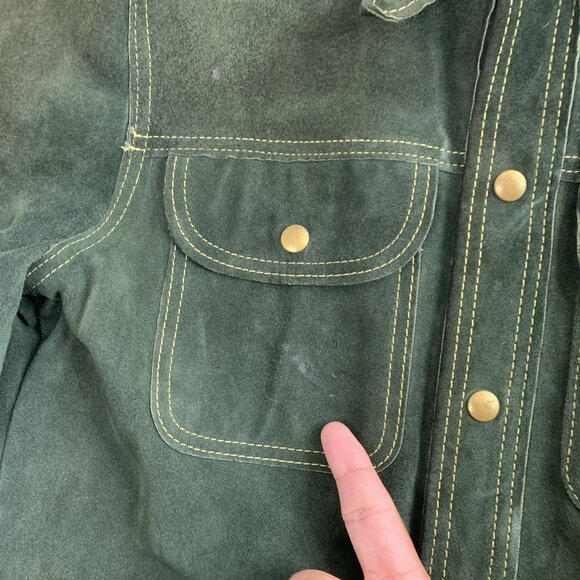 Vintage BUCKBOARD Jacket Mens 42 Green Yellow Stitching Button Snap Leather 70’s - Picture 3 of 16